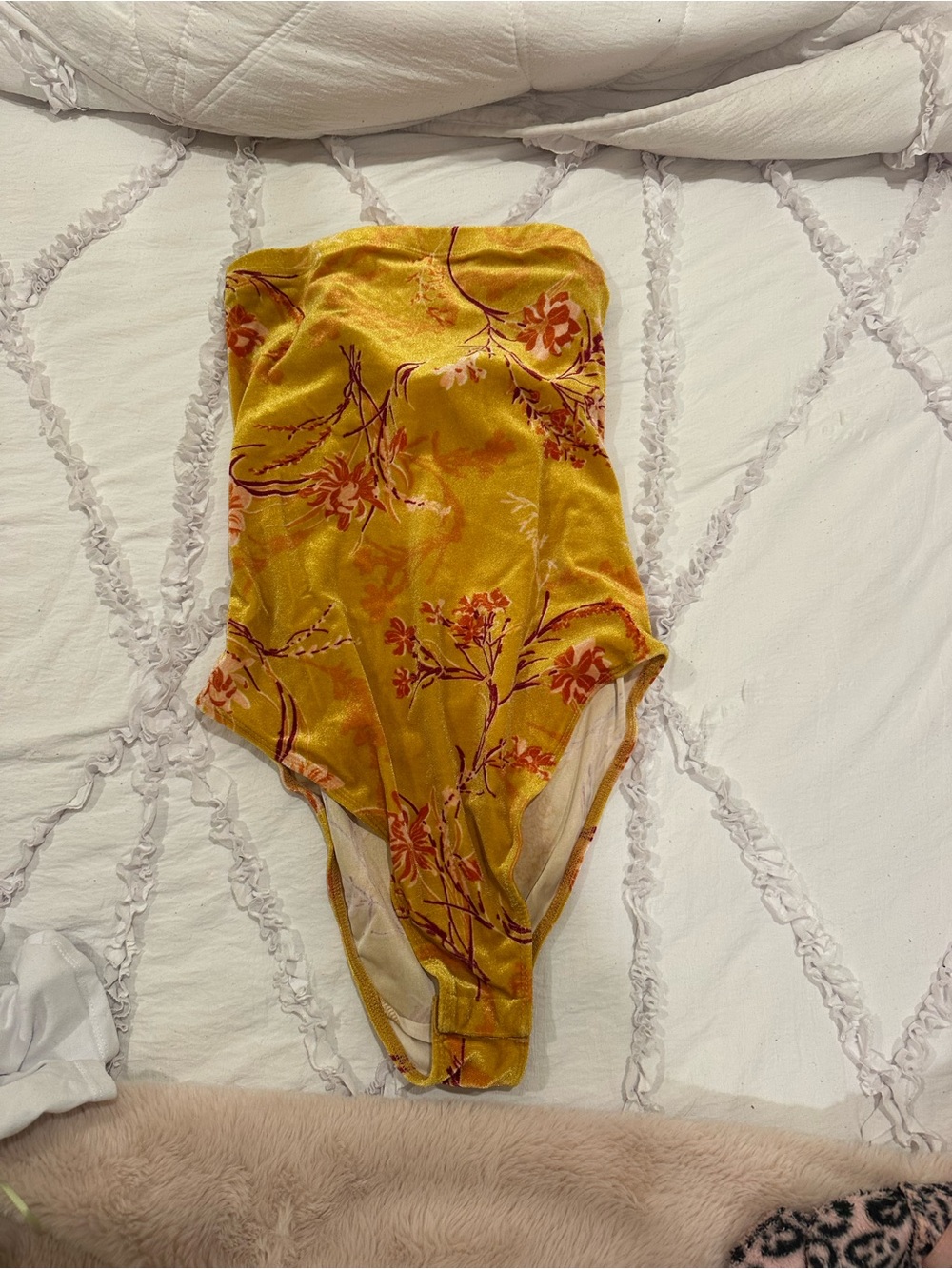Urban Outfitters Mustard Yellow Floral Velvet Bandeau Bodysuit
